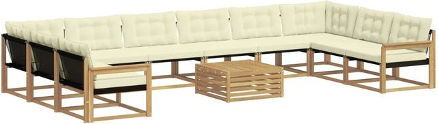 vidaXL 11-tlg. Outdoor-Sofagarnitur aus Akazienholz mit Textilene und Kissen in Weiß und Creme - Bild 1