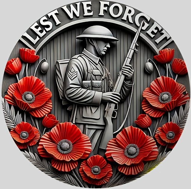 HELLOYOUNG Metallschild Lest We Forget Poppy Soldier Memorial Dekoration in Mehrfarbig, Rund - Bild 1