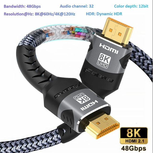 FDBOY 8K HDMI 2.1 Kabel in Grau mit 48Gbps High Speed, unterstützt 8K@60Hz und 4K@120Hz, DTS:X, HDCP 2.2 & 2.3 sowie HDR 10, geflochtenes Kabel für PS5 und Laptops - Bild 1