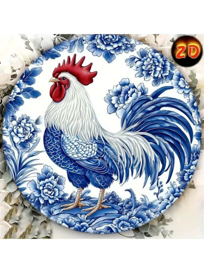 Hello Young Retro Wandkunst aus Aluminium mit Hahn-Motiv in Blau-Weiß im floralen Porzellan-Stil - Bild 6