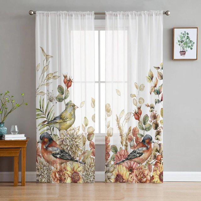 Yiran Furniture Robin Gardinen im Landhausstil mit Blättermuster, weißer Tüll-Voile-Vorhang aus Viskose, Breite: 135 cm, Höhe: 115 cm - Bild 1
