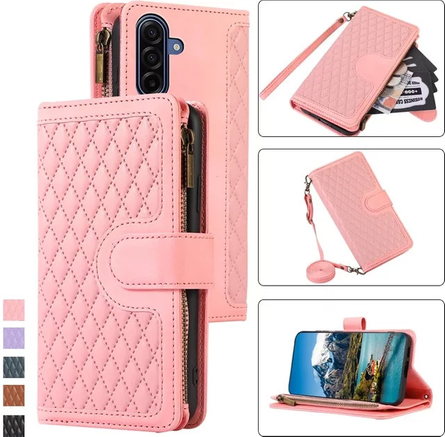 Leder Handyhülle mit Lanyard und Reißverschluss für Samsung Galaxy S26 Ultra S25 Edge S24 S23 S22 Plus S21 FE Note 20 als Brieftasche und Kartenhülle in Schwarz und Pink - Bild 1