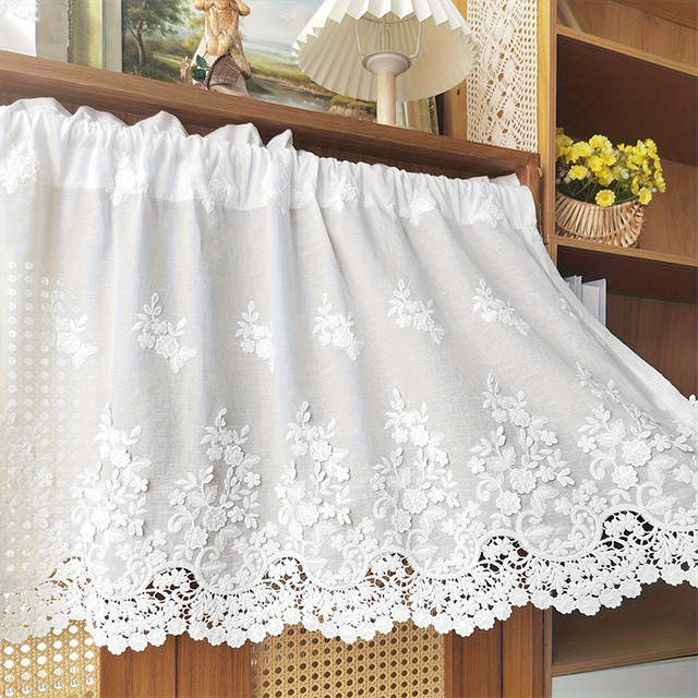 Tiyana Café-Vorhang mit Blumenprägung und Spitze in Weiß, halbtransparenter kurzer Vorhang für Küche und Wohnzimmer - Bild 1