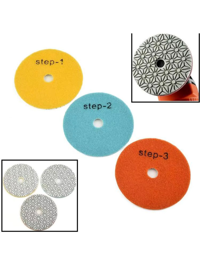 DAZZLEEX Diamant-Polierscheiben-Set 3-Stufen-Polierpads für Granit, Beton und Marmor, Trocken/Nass-Anwendung, Durchmesser: 100 mm, Mehrfarbig - Bild 1