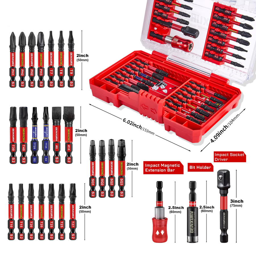 Geinxurn 27-teiliges Schlagschrauber-Bit-Set aus S2-Stahl in Rot mit robustem Gehäuse - Bild 2