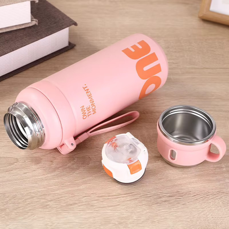 Feeyue Thermoskanne aus Edelstahl 316 in Pink mit doppeltem Trinkbecher und Griff, 800 ml - Bild 2