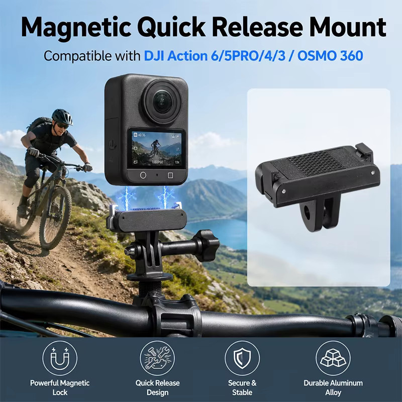 Magnetischer Schnellwechseladapter für DJI Action 6 / 5 Pro / 4 / 3 und OSMO 360, faltbarer Schnellverschluss-Halterungsadapter in Schwarz - Bild 2