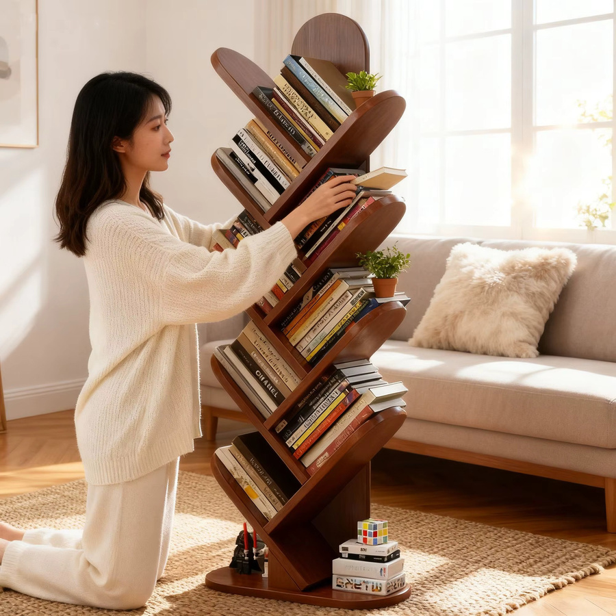 XIUWO Baum-Bücherregal aus massivem Holz in Braun und Weiß, modernes offenes Lagerregal für Wohnzimmer und Heimbüro - Bild 3