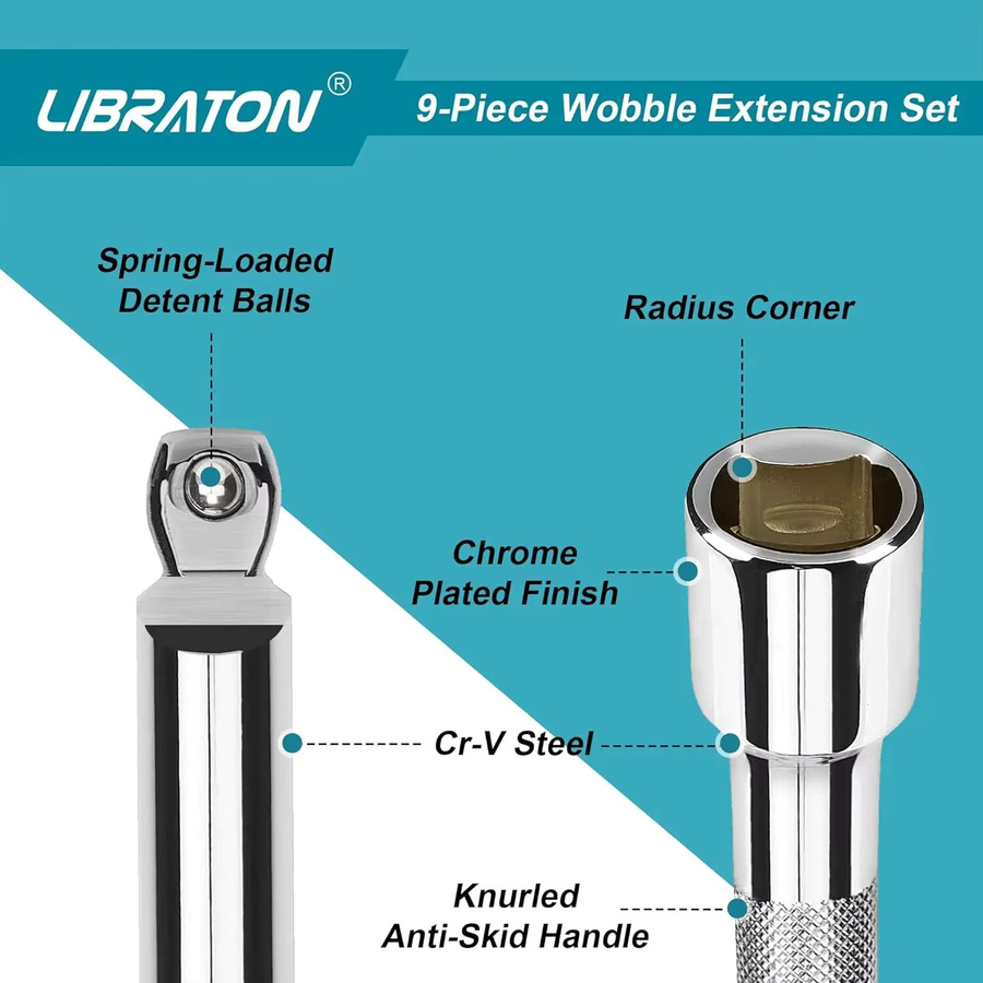 Libraton Wobble Extension Set Ratschenverlängerungen in Silber, 1/4 Zoll, 3/8 Zoll und 1/2 Zoll - Bild 3