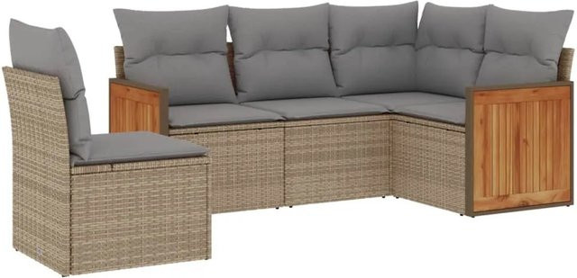 vidaXL 5-tlg Garten-Sofagarnitur L-Form aus Poly Rattan in Beige mit Kissen und UV-beständigem Polster - Bild 1