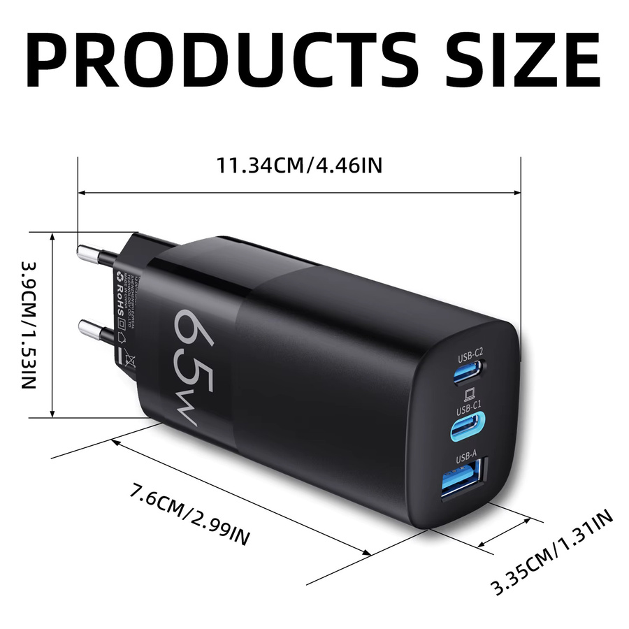 TOPADRE GaN 65W USB-C Ladegerät in Schwarz mit Schnellladefunktion PD3.0 QC4.0 QC3.0 für iPhone, Samsung und Laptop - Bild 2