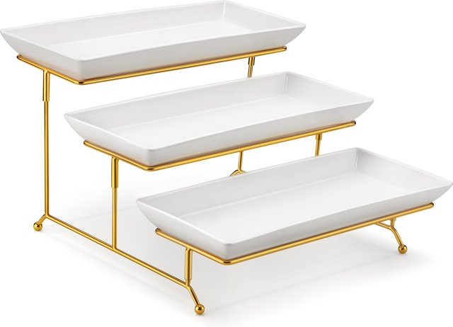 MALACASA 3-stöckige Porzellan-Servierplatte mit klappbarem Ständer in Weiß mit schwarzem und goldenem Rand - Bild 1