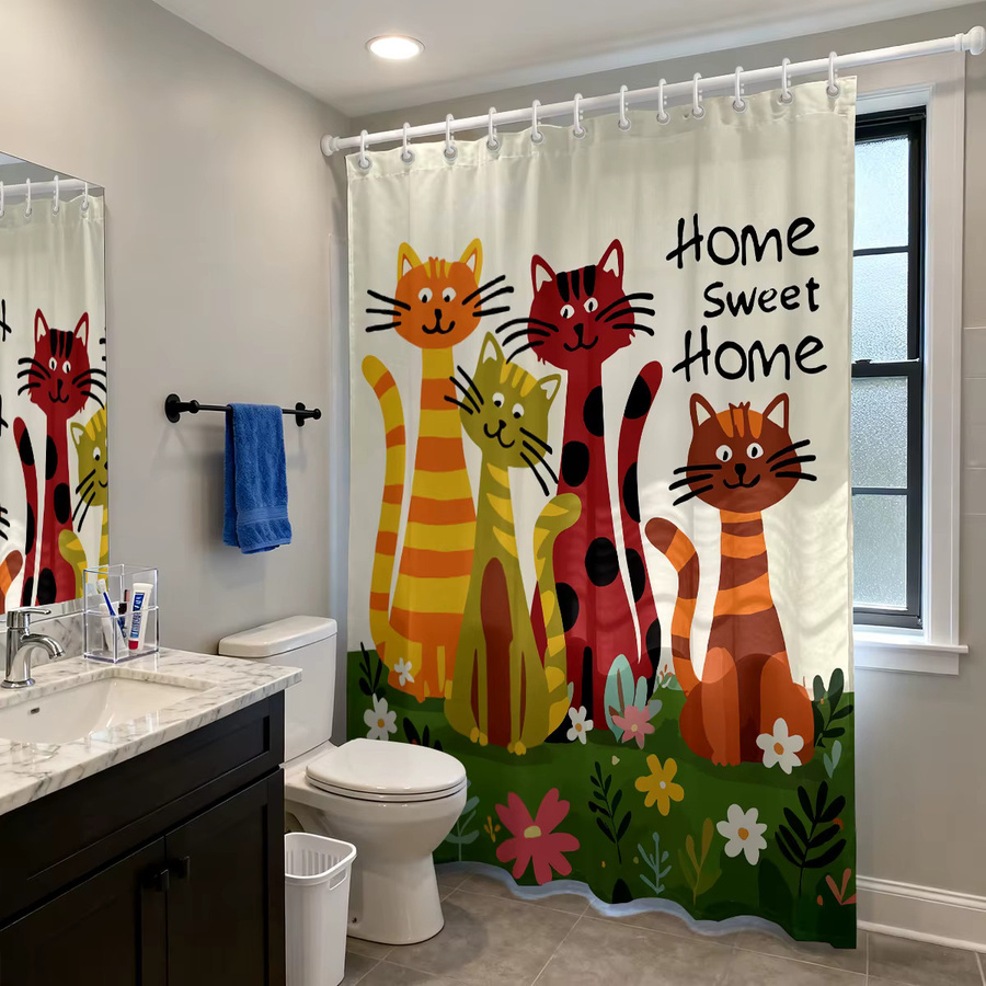 Wasserdichter Duschvorhang mit Cartoon-Katzen-Print in Mehrfarbig, Polyester, B/H: 180 x 180 cm, inklusive 12 Haken - Bild 5
