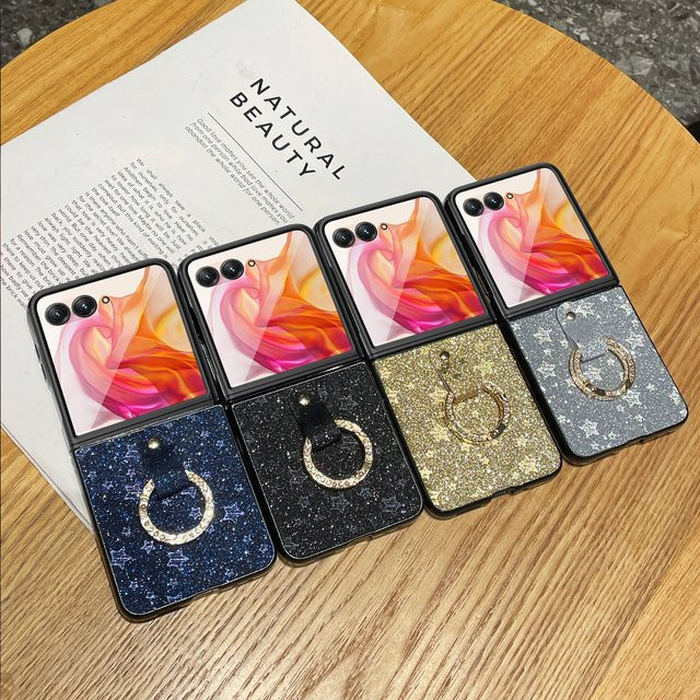 Luxuriöse Glitzer-Stern-Handyhülle mit Diamant-Ringverschluss für Motorola Razr 50 60 70 Ultra in Schwarz - Bild 1