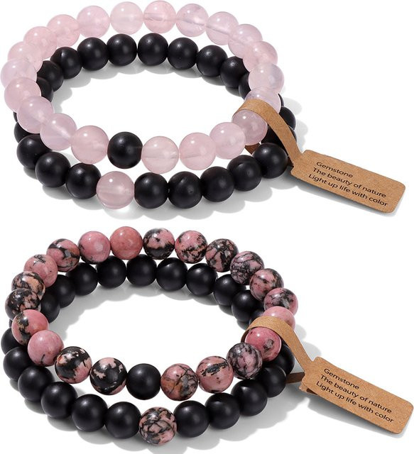Paar Armbänder Rosenquarz, schwarzer Onyx, Rhodonit, Perlen, Unisex - Bild 1