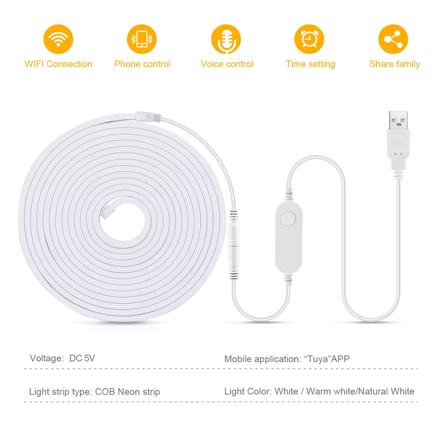 Tuya Smart Home WiFi LED Neon Flex Lichtstreifen in Warmweiß mit USB-Anschluss und Sprachsteuerung für Alexa und Google Assistant - Bild 2