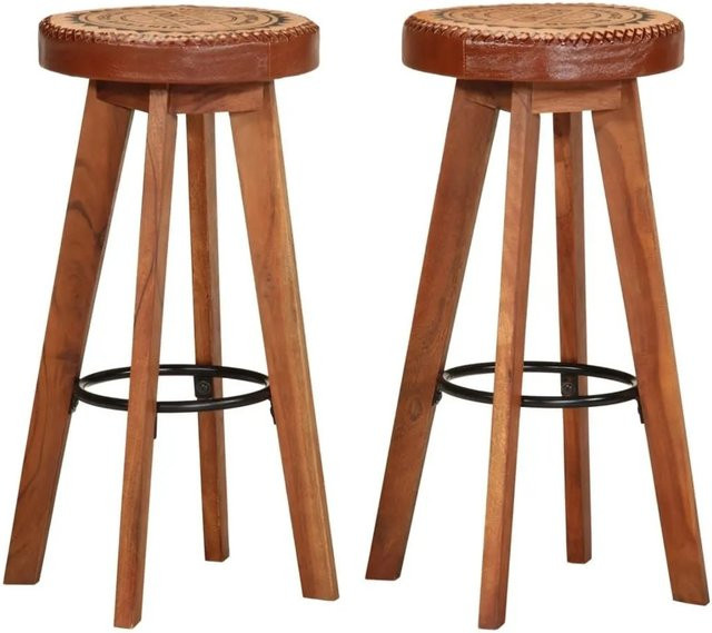 DELUKE Barhocker FENI 2er Set aus Echtleder und Massivholz Akazie in Braun-antik Braun - Bild 1