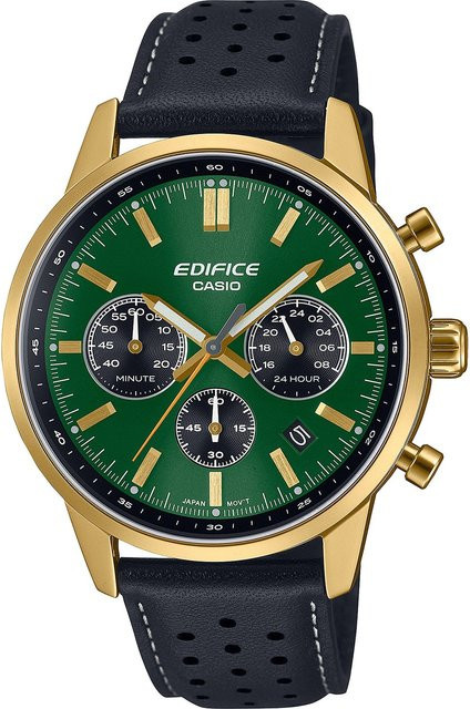 Casio Chronograph Herrenuhr, Quarz, Edelstahl, Leder, Grün, 40 mm, 10 ATM - Bild 1