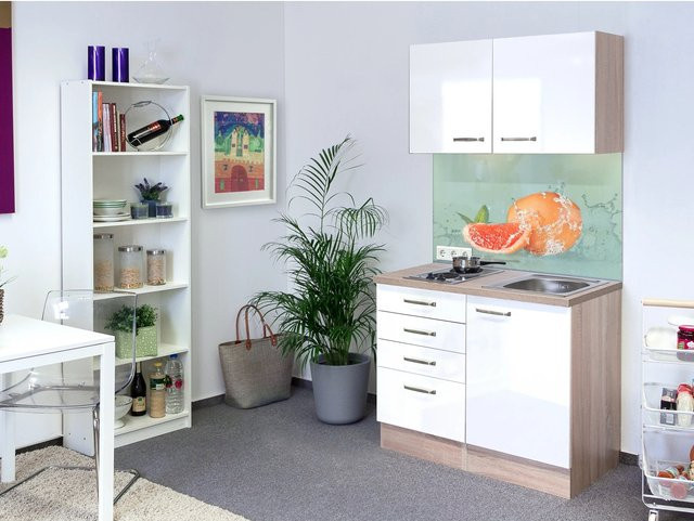 Flex-Well Miniküche Valero Modern in Hochglanz Weiß und Sonoma Eiche mit Elektrogeräten B/H/T: 100 x 200 x 60 cm - Bild 1