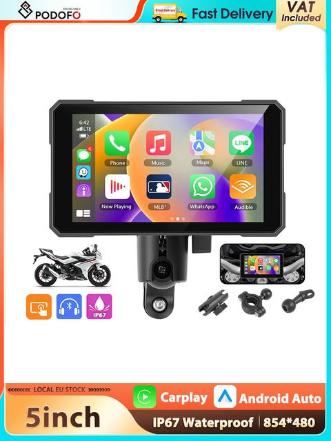 Podofo Smart-Display für Motorräder mit 5 Zoll Touchscreen, CarPlay und Android Auto, wasserdicht nach IP67, Schwarz - Bild 1