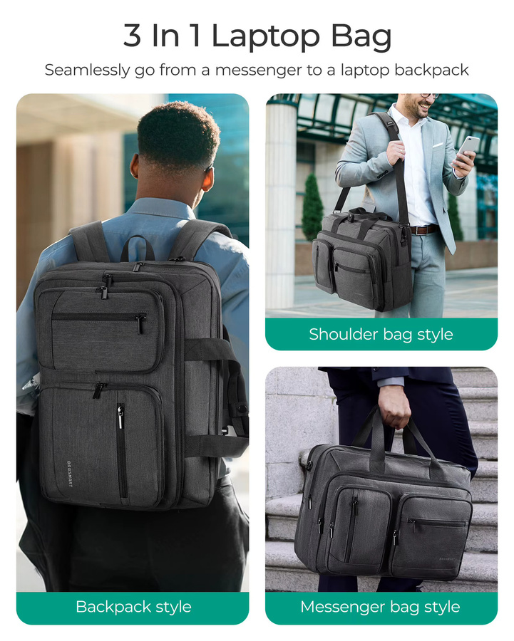 BAGSMART 3-in-1 Laptoptasche für Herren, wasserabweisende Computer-Aktentasche und Notebook-Abdeckung für Geschäftsreisen und Büro, 17,3 Zoll, Schwarz/Grau - Bild 6