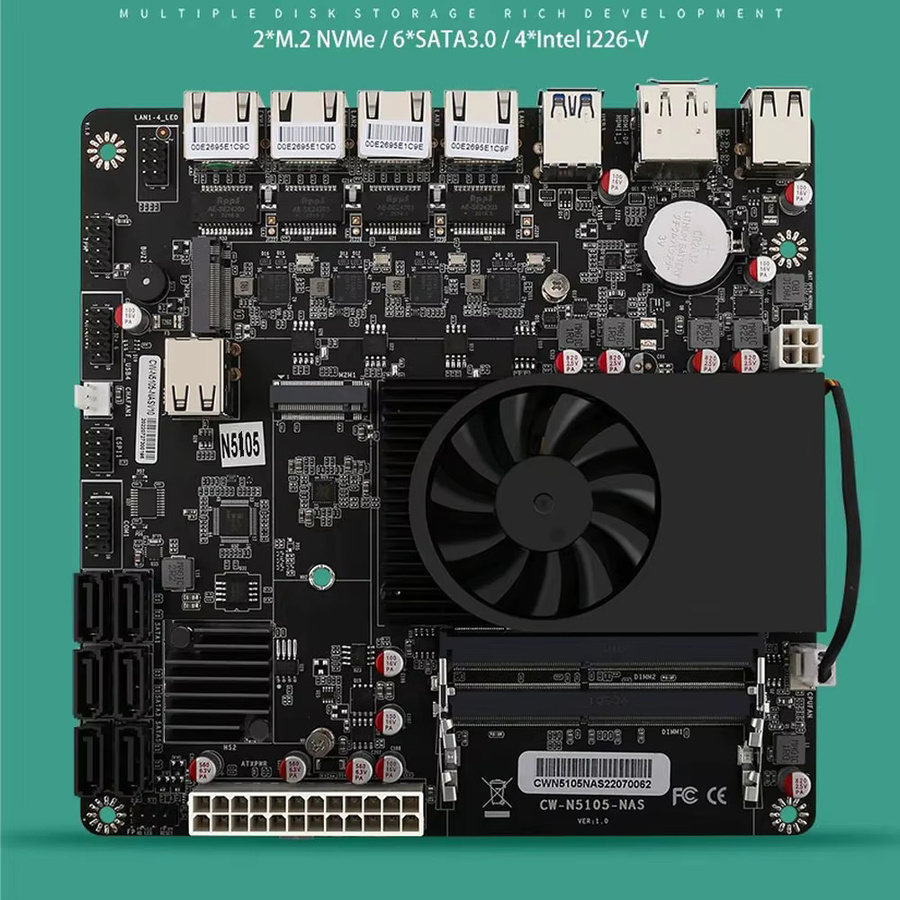 YiHESZ Industrie-Motherboard für NAS mit J4125/N5105 Prozessor, 4x 2.5G I225 Netzwerk, 2 M.2-Steckplätzen, 6x SATA und DisplayPort, Schwarz - Bild 4