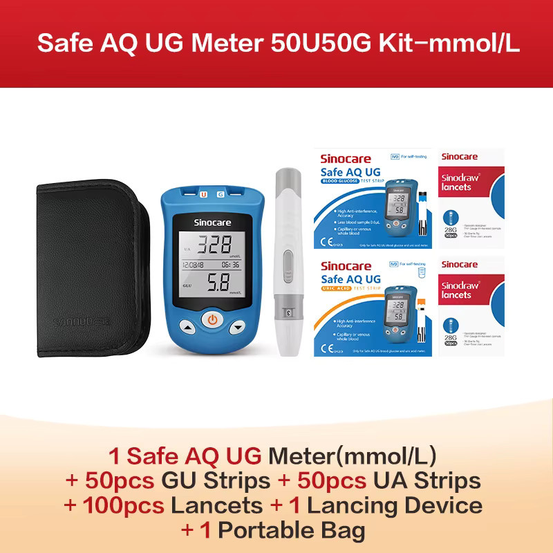 Sinocare 2 in 1 Safe AQ UG Harnsäure- und Blutzuckermessgerät mit U-Trips und G-Trips Schnelltests in Blau - Bild 5
