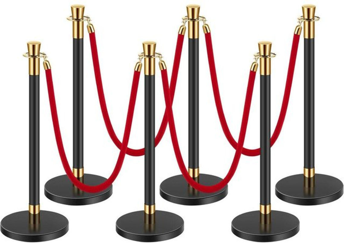 6 Absperrpfosten mit 4 roten Samtkordeln und Sandfüllung für Hochzeiten von Buying Solutions, MB, Schwarz und Rot, Höhe: 150 cm, Durchmesser: 32 cm - Bild 1