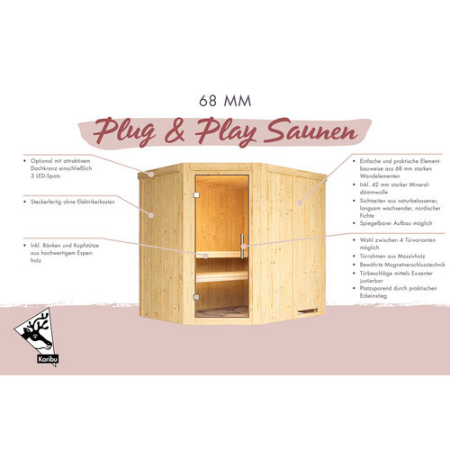 Karibu Sauna Talsen aus Fichtenholz in Beige mit 3,6 kW Saunaofen und externer Steuerung für 3 Personen, B: 198 cm, T: 170 cm, H: 196 cm - Bild 1