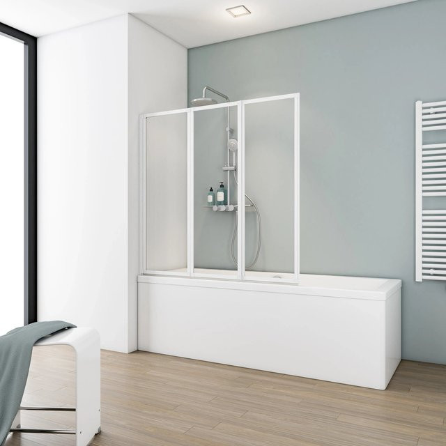 Schulte ExpressPlus Komfort Badewannenfaltwand aus Glas, 3-teilig, transparent, Montage zum Kleben, Breite: 127 cm, Höhe: 121 cm - Bild 1
