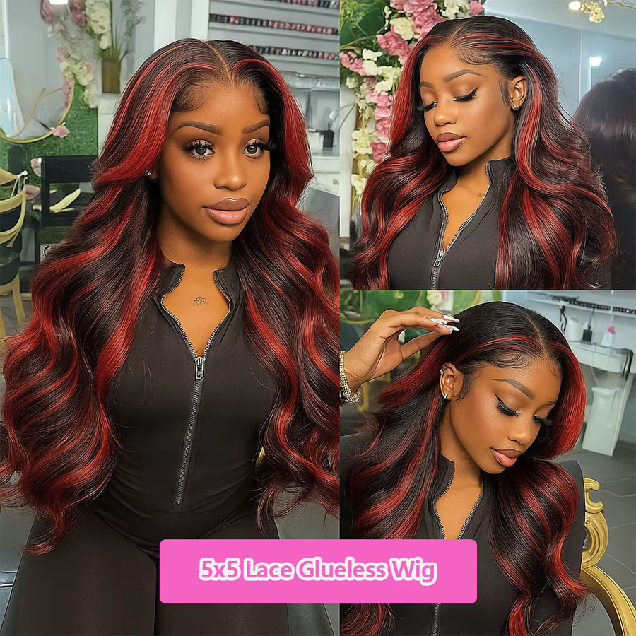 Wig Queen Lace Front Perücke, Echthaar Brasilianisch, Ombre Schwarz mit rotem Highlight, Unisex - Bild 2