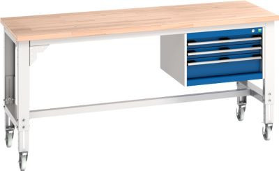 Bott Werkbank cubio mit Hängeschrank und 4 Rollen, Buche-Massivplatte und Stahlblech, Farbe: enzianblau/lichtgrau, B: 200 cm, T: 75 cm - Bild 1
