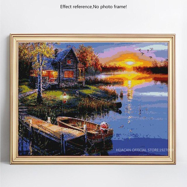 FIYO Diamantstickerei See Sonnenuntergang 5D DIY Diamantmalerei mit vollrunden Strasssteinen, Farbe: Schwarz/Mehrfarbig, B/H: 20 x 30 cm - Bild 1
