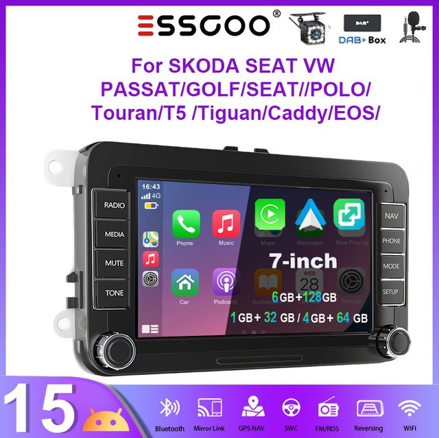 ESSGOO Android 15 Autoradio mit 7 Zoll Display, Bluetooth, GPS und Wireless CarPlay/Android Auto für VW Golf 5 6, Passat, Polo 6R, Touran, Tiguan, Caddy, EOS, Jetta sowie Seat und Skoda, Schwarz - Bild 1