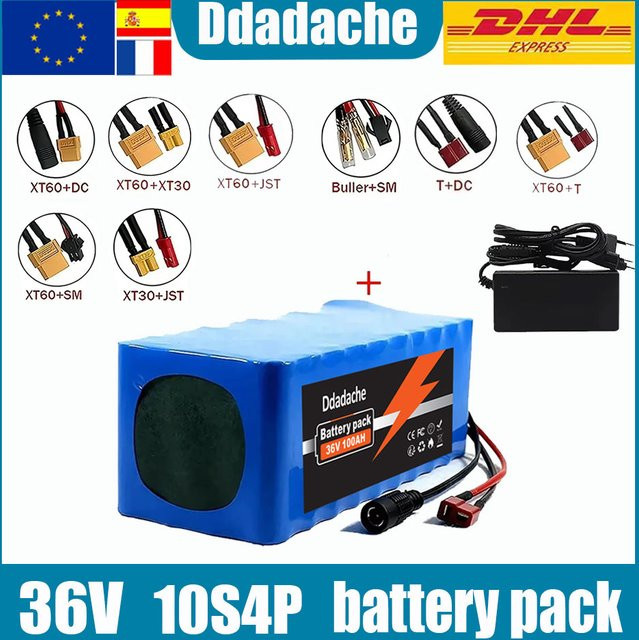 10S4P 100Ah Lithium-Batterie 36V in Blau mit BMS und XT60-Buchse inklusive Ladegerät für Elektrofahrräder und Elektroroller - Bild 1
