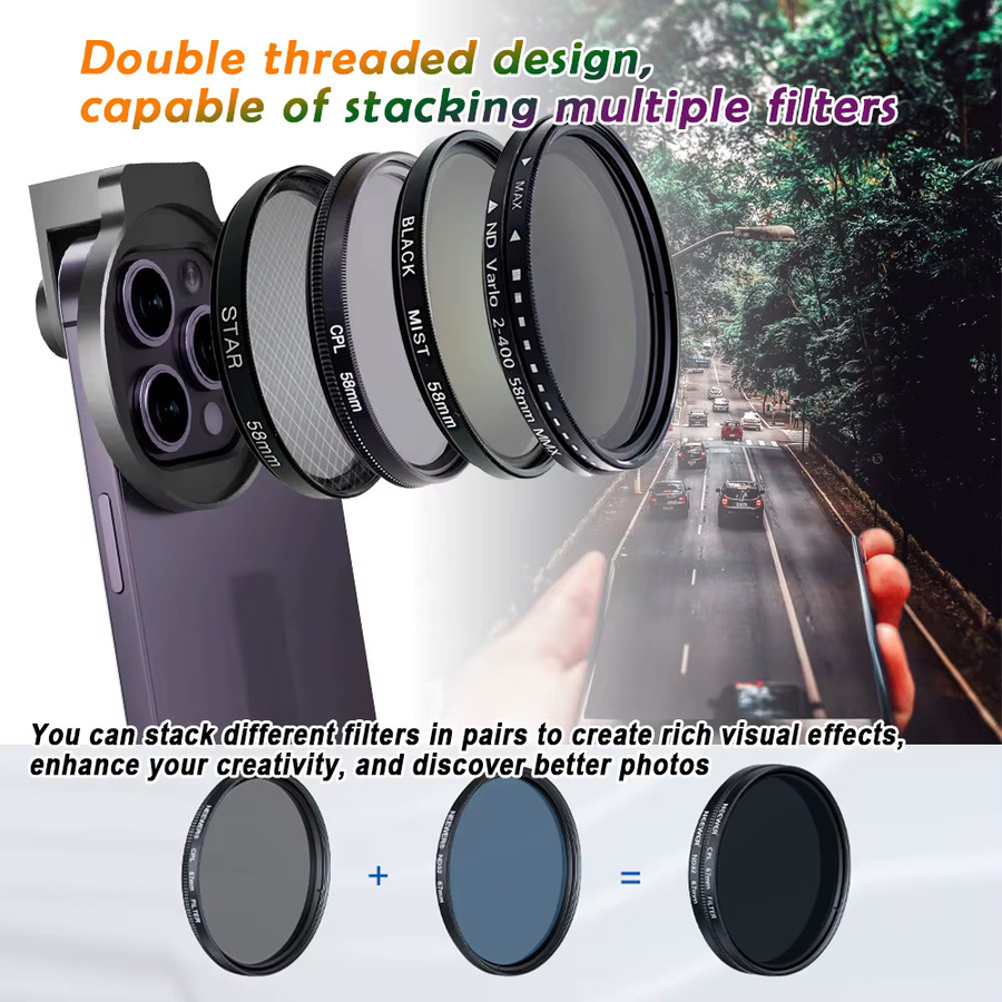OBKEY Metallfilter-Clip für Smartphone-Kameras mit UV CPL ND2-400 Filtern und weichen Sterneffekten, Schwarz, 58 mm - Bild 3