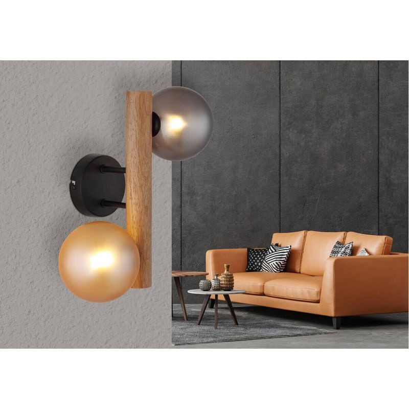 Globo LED-Wandleuchte aus Metall und Holz mit Glaskugeln in Dunkelbraun und Amber, H x B: 32 x 16,5 cm - Bild 4