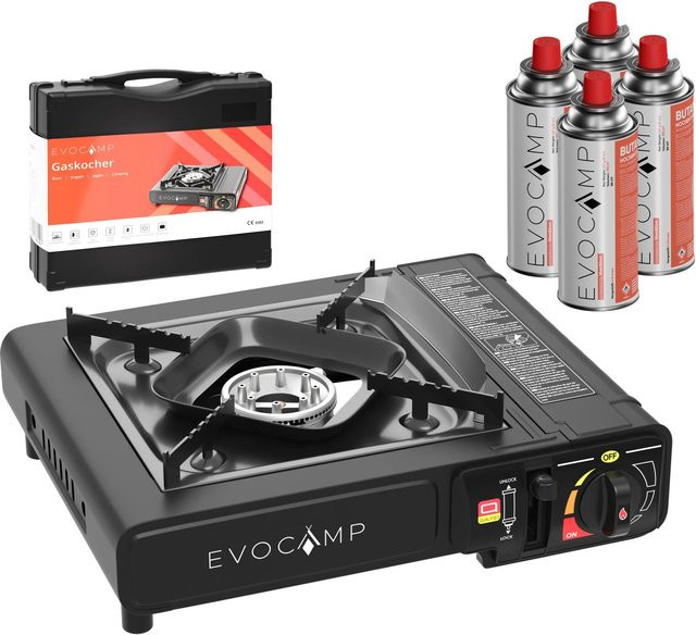 Evocamp Camping Gaskocher 1-flammig mit 4 Gaskartuschen à 227g und Transportkoffer - Bild 1