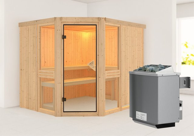 Karibu Sauna Anina 3 in Natur mit Ofen und integrierter Steuerung, B/T/H: 231 x 196 cm - Bild 1