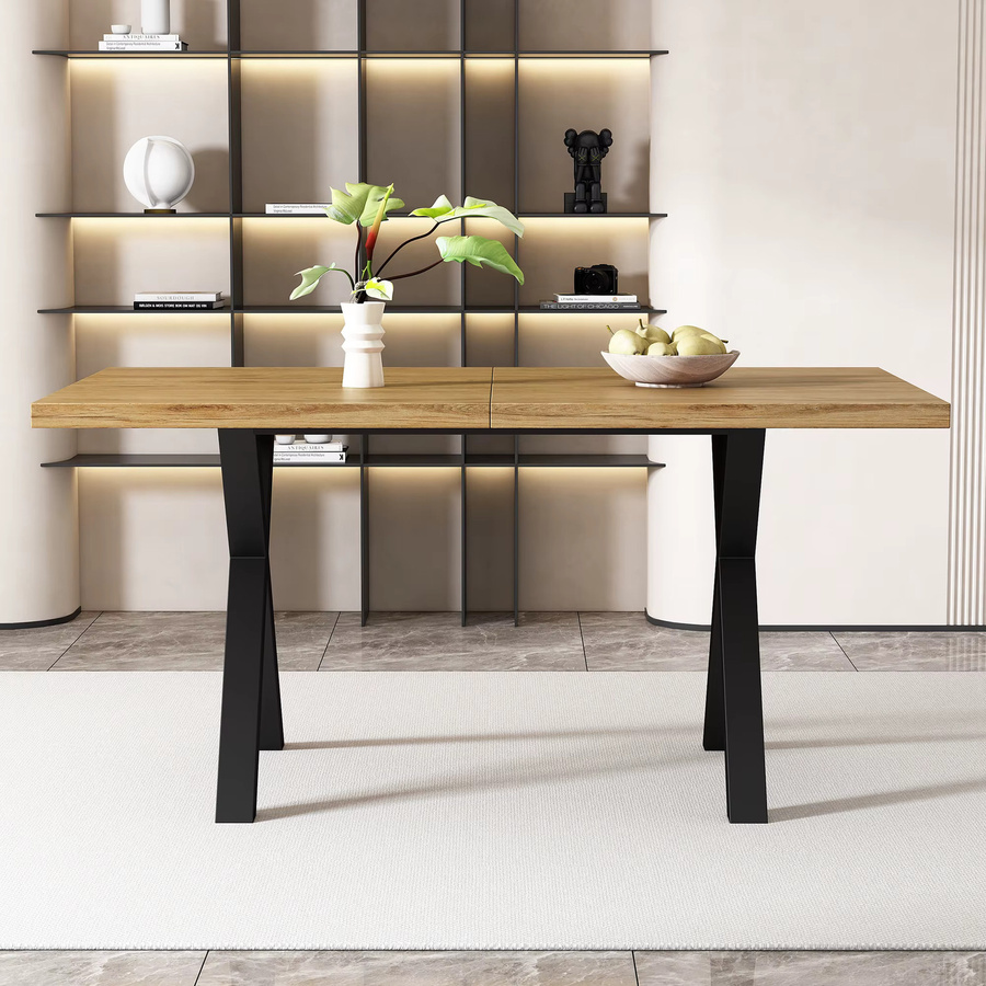 Moderner Esstisch Svintora in Eiche und Schwarz mit Kreuzbein-Design, rechteckiger Küchentisch aus MDF, B/T/H: 140 x 80 x 76 cm - Bild 2