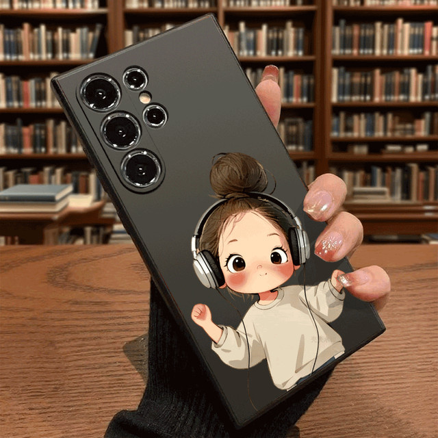 Stoßfeste Slim Fit Handyhülle mit süßem Mädchen-Kopfhörer-Design für Samsung Galaxy S25 S24 Ultra S23 S22 S21 S20 FE Plus in Schwarz - Bild 1