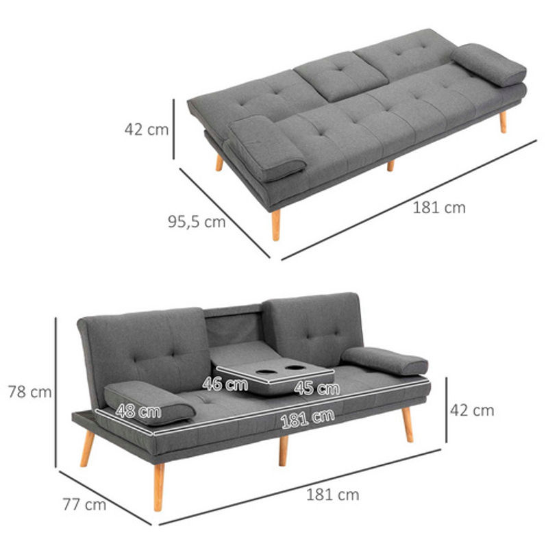 HOMCOM 3-Sitzer Schlafsofa in Leinenoptik mit klappbarem Tisch und Becherhalter, Skandi-Design, Grau, B: 181 cm, T: 95,5 cm, H: 72 cm - Bild 4