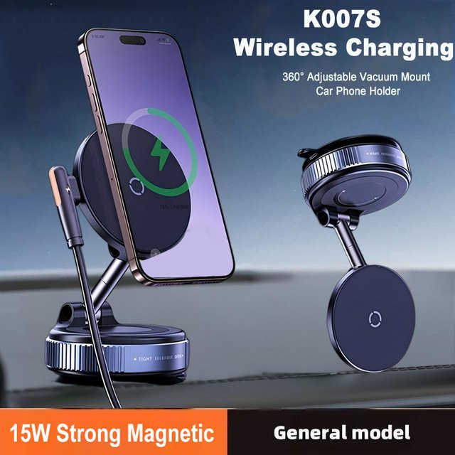 Kebidumei Magnetischer Handyhalter mit Wireless-Ladegerät und Vakuum-Saugnapf, 360-Grad drehbar und faltbar, Schwarz - Bild 1