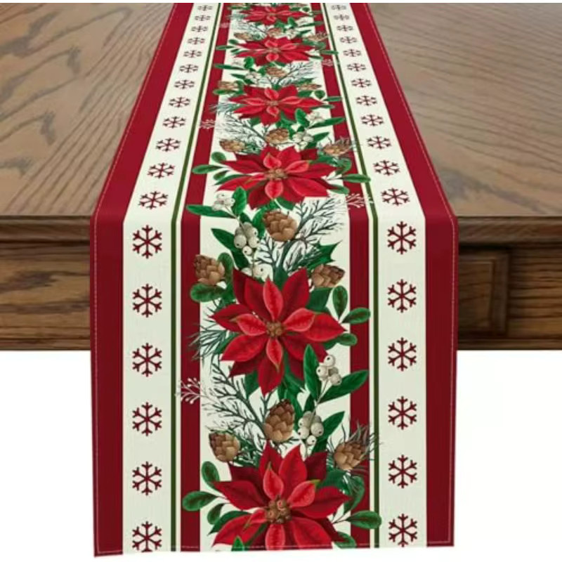 VIKAMA Weihnachts-Tischläufer aus Leinen in Rot mit floralem Design, B/T: 90 x 33 cm - Bild 2