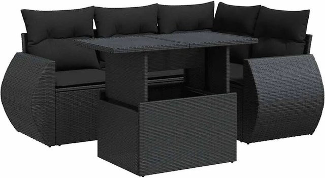 vidaXL 5-tlg Garten-Sofagarnitur in L-Form aus schwarzem PE-Rattan mit wetterfesten Kissen - Bild 1