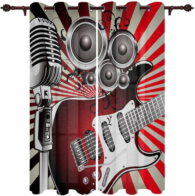 Zweierpack halbtransparente Vorhänge mit Musik- und Gitarren-Motiv in Multicolour, B: 70 cm, H: 165 cm - Bild 1