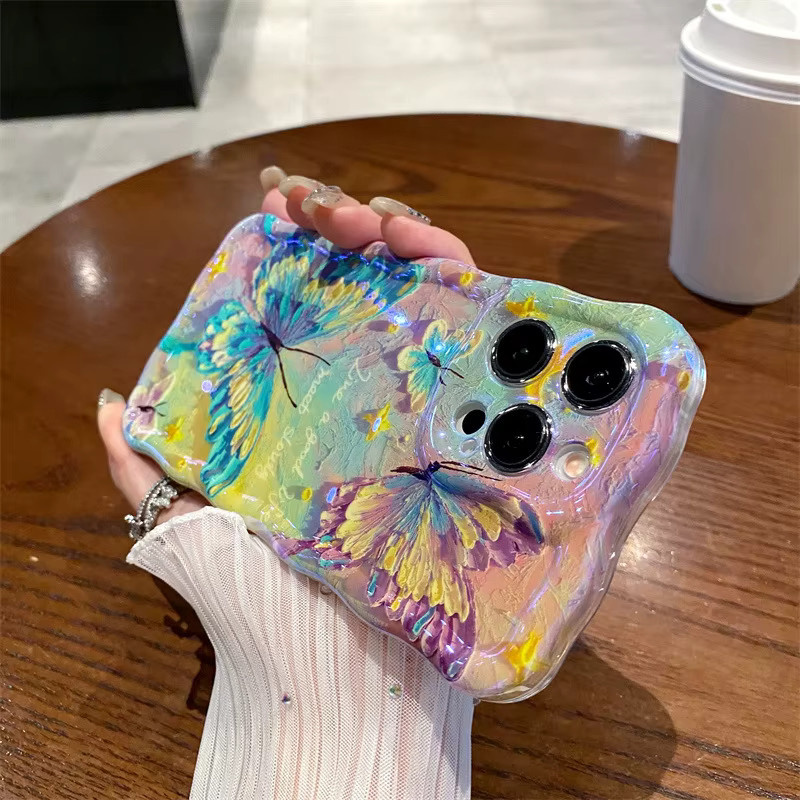 Stoßfeste iPhone Handyhülle mit Retro-Ölgemälde-Schmetterlings-Design und gewelltem Rand in Multicolour - Bild 2