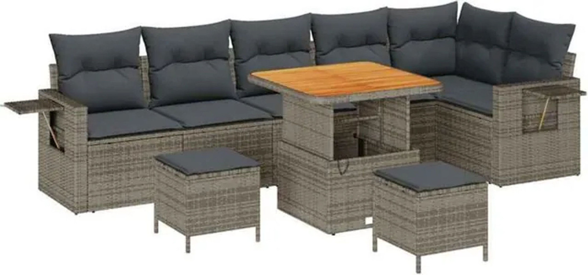 vidaXL Garten-Sofa-Set aus Poly-Rattan und Massivholz, 9-teiliges Set, Grau, höhenverstellbar - Bild 1
