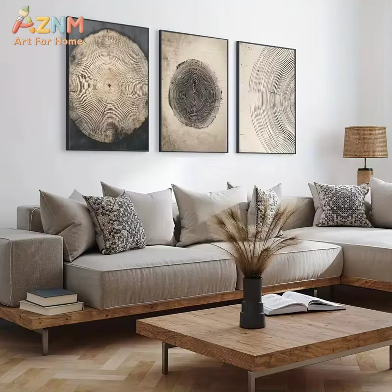 3-teiliges abstraktes Leinwandbild von Potdemiel im Bohemian-Stil mit Baumring-Motiv in Beige für deine Wanddekoration - Bild 2