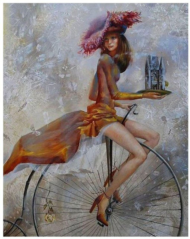 FIYO 5D Diamond Painting Set Schönheit auf Fahrrad, Mehrfarbige Diamant Stickerei Leinwand im Querformat, B/H: 20 x 30 cm - Bild 1